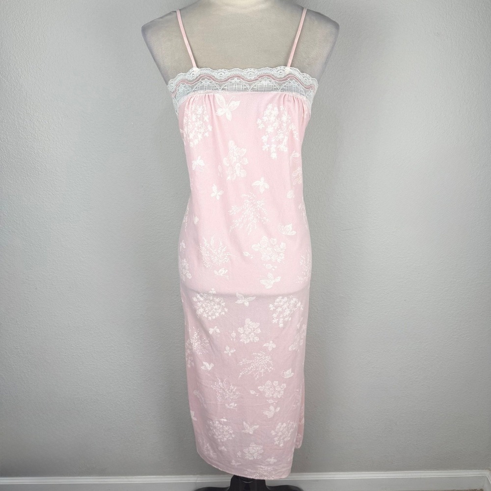 Vintage 70's Van Raalte Pink Floral Butterfly Lace Trim Nightgown Made in USA M